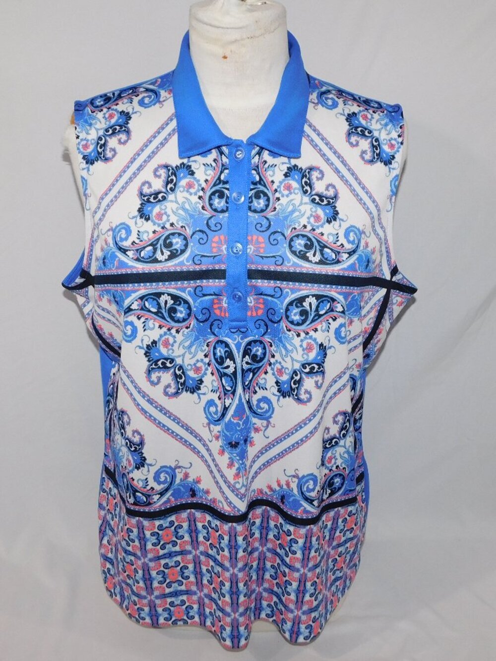 EP NY Blue Pink White Paisley Sleeveless Golf Polo Shirt Womens XL